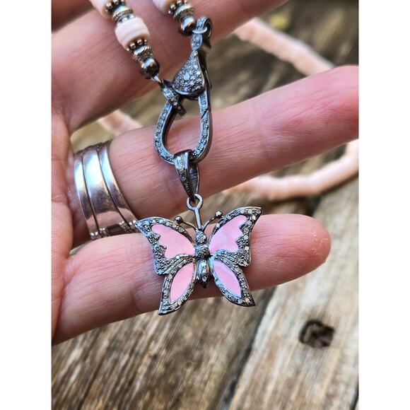 Pink Puka Shell Pave Diamond Sterling Silver Enamel Butterfly Pendant Necklace - Picture 4 of 9